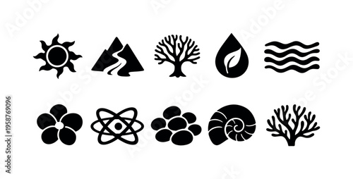 Collection of simple black icons representing nature and science elements