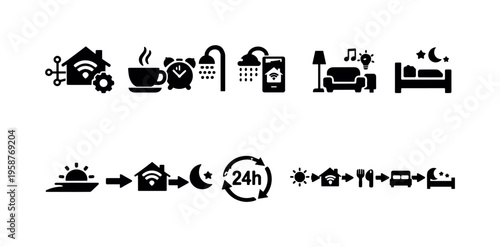 Smart home icons depicting daily routine and automation for modern living