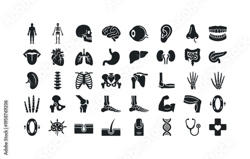 Collection of human anatomy icons representing various body systems and organs