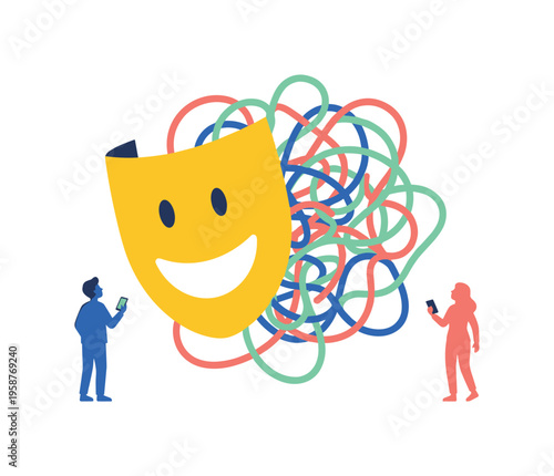 Giant smiling mask with tangled lines and people looking at phones