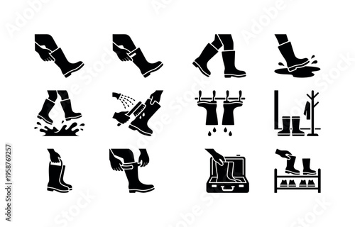 Collection of icons illustrating rubber boot usage and care instructions