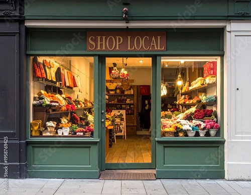 Storefront of quaint shop with plants and colorful merchandise in window displays