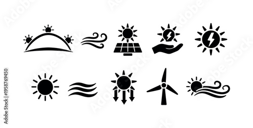 Collection of renewable energy icons featuring sun, wind, and solar panels