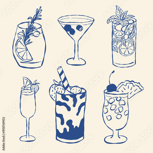 Hand drawn cocktail set with garnishes like rosemary, cherry, and mint