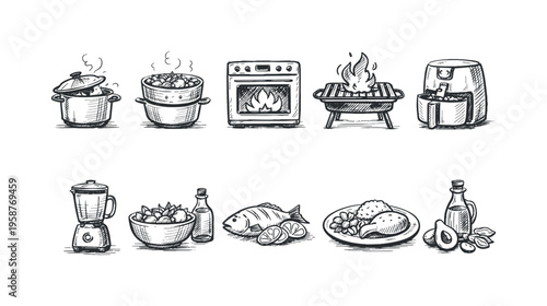 Hand-drawn icons representing various cooking methods and healthy food ingredients