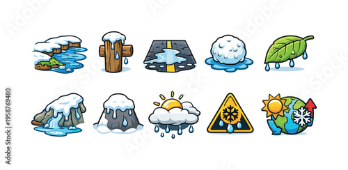 Collection of cartoon icons depicting melting snow and weather phenomena