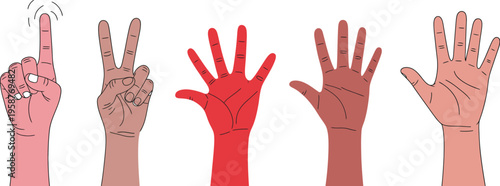 Female Hands Vector Set Featuring Different Nationalities and Gestures for Feminism, Equality, Freedom and Independence Concept, International Women’s Day, Diversity and Empowerment Illustration