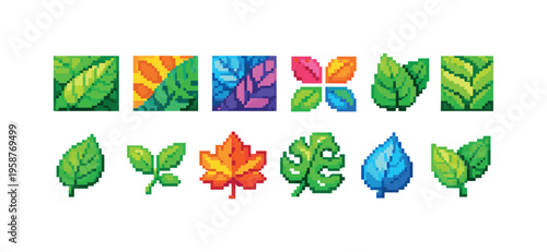 Collection of pixel art leaf icons in various colors and styles
