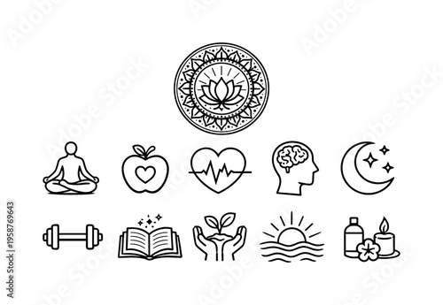 Collection of simple icons representing holistic wellbeing and healthy lifestyle choices