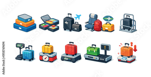 Collection of travel and luggage icons depicting various travel scenarios and items