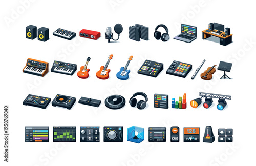 Collection of music production equipment and instruments in a flat design style