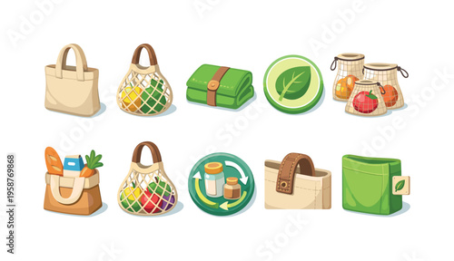 Collection of eco-friendly shopping bags and sustainability icons for a greener lifestyle