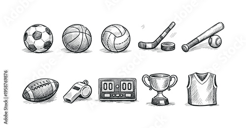 Collection of hand-drawn sports equipment and symbols in a sketch style
