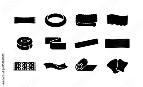 Collection of black scarf and fabric icons in various folded and rolled styles