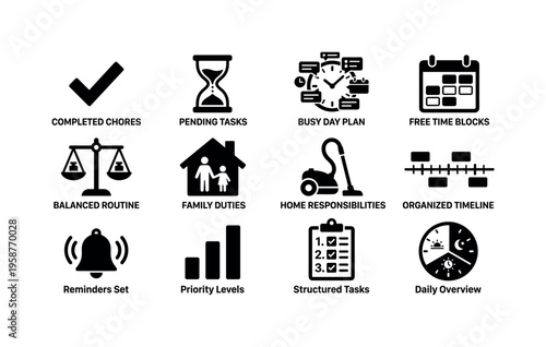 Icons representing daily tasks, time management, and household responsibilities