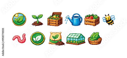 Pixel art icons representing organic farming elements like plants, vegetables, and tools