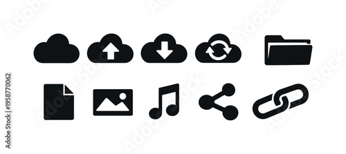 Collection of simple black icons representing cloud storage and file management functions