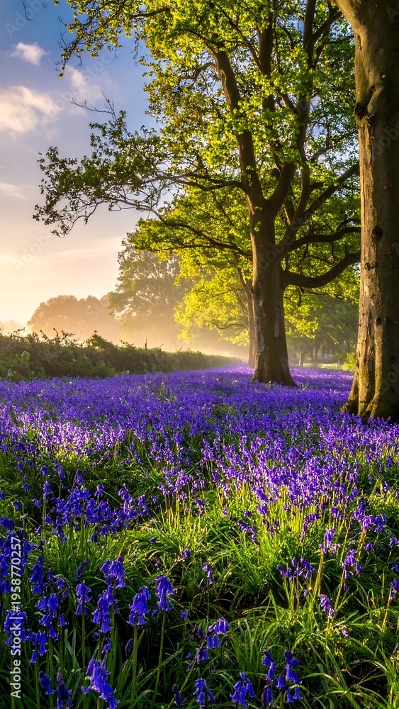 Obraz premium Sunny bluebell field framed by tall trees, with morning mist in distance