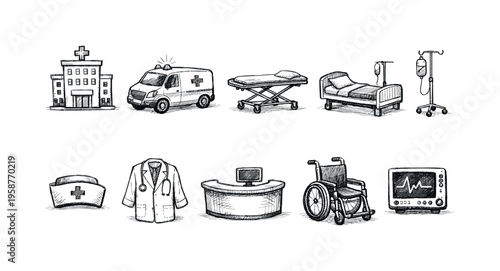 Collection of hand-drawn medical icons representing healthcare services and equipment