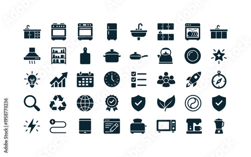 Collection of kitchen and general business icons in a grid layout
