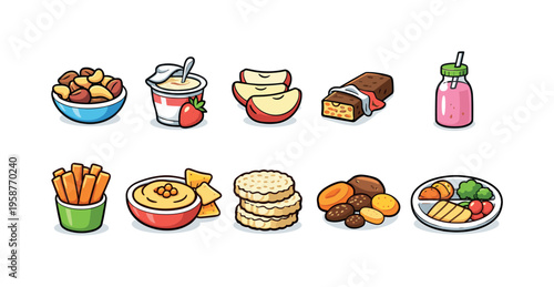 Collection of healthy snack icons including nuts, yogurt, fruit, and a meal plate