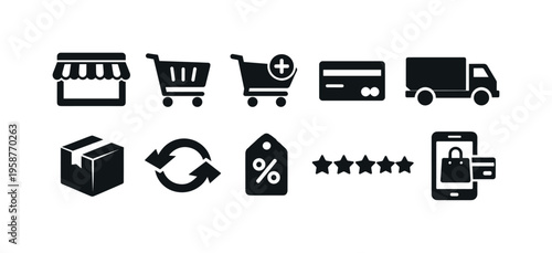 Collection of e-commerce icons representing online shopping processes and services