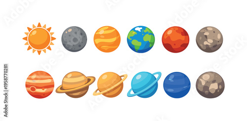 Colorful cartoon icons representing the sun and planets of our solar system