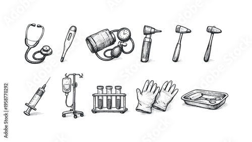 Collection of hand-drawn medical instruments and supplies for healthcare and diagnosis