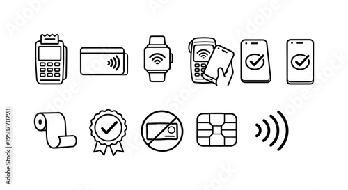 Contactless payment icons collection showing various payment methods and devices