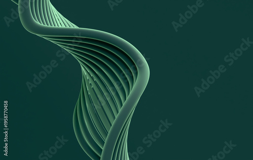 Green Spiral Ribbon Abstract with Smooth 3D Curves and Dark Green Background