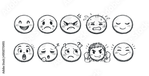 Collection of hand-drawn emoticons and faces expressing various emotions and moods
