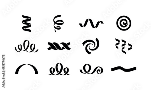 Collection of black ribbon and streamer graphic elements in various abstract shapes