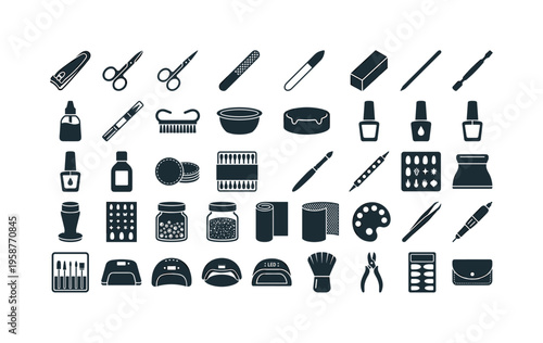 Collection of manicure and nail art tools displayed in a grid pattern