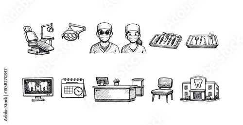 Collection of hand-drawn dental clinic icons and elements