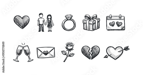 Collection of hand-drawn romantic icons for Valentine's Day and love celebrations