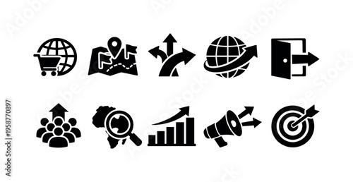 Collection of business and marketing icons representing growth, strategy, and global reach