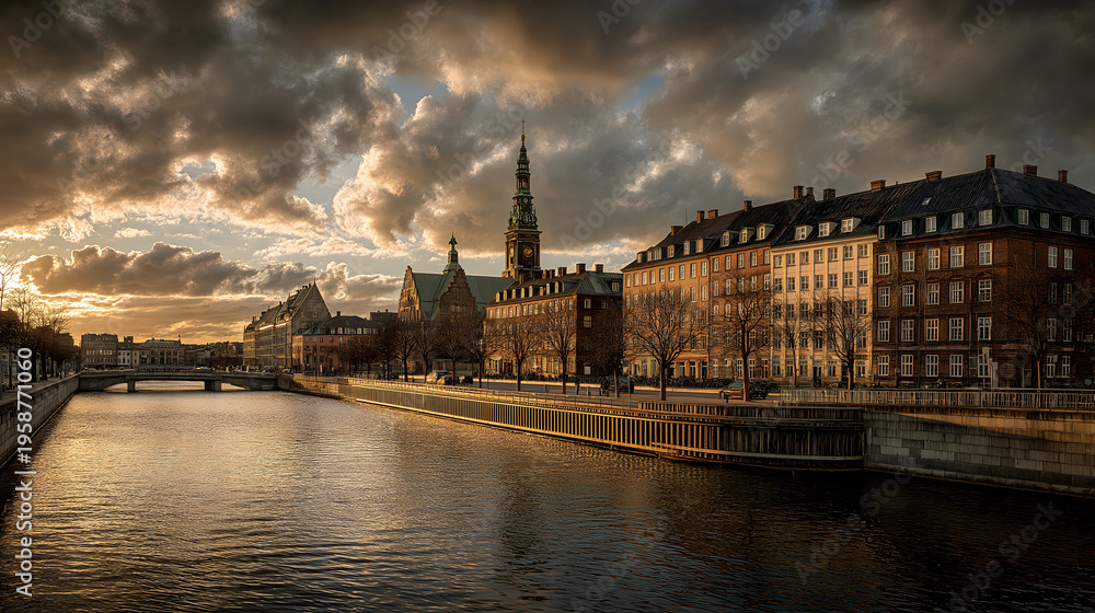 Fototapeta premium Golden Hour in Copenhagen: Historical Architecture and Spired Skylines Reflected in the Canal