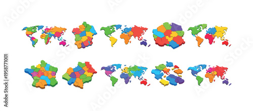 Colorful 3D world maps and country outlines divided into regions