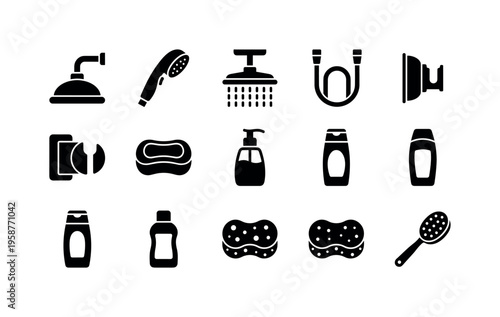 Collection of black icons representing various shower and bath essentials