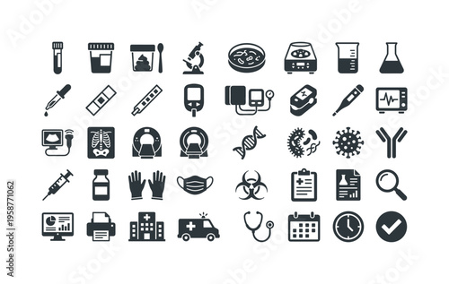 Collection of medical and laboratory icons representing healthcare and research