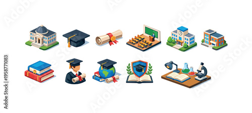 Collection of isometric icons representing education and learning concepts