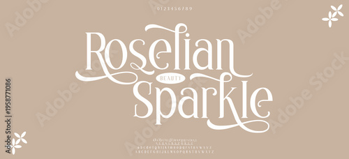 Roselian Sparkle Luxury wedding alphabet letters font and number. Typography elegant classic lettering serif fonts decorative vintage retro with tails concept. vector illustration