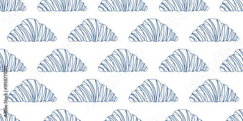 Seamless pattern with french croissants in blue line art style. Vector background for bakery, cafe, breakfast menu and food design. Minimalist hand drawn wallpaper on white.