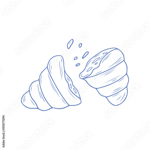 Minimalist vector illustration of broken croissant with crumbs. Hand drawn blue line style icon for bakery menu, cafe branding and breakfast food concept. Simple pastry element on white background