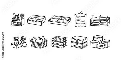 Collection of organizational containers and storage solutions for home and office