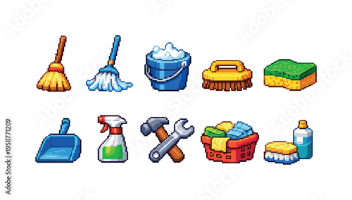 Pixel art collection of cleaning supplies and tools for household chores