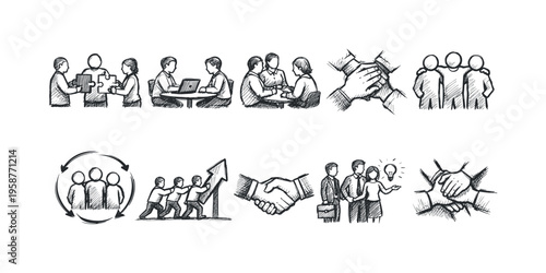 Business collaboration and teamwork sketches showing success and partnership