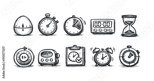 Collection of hand-drawn icons representing various timekeeping devices and concepts