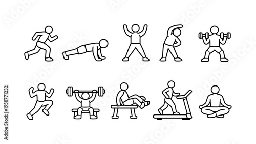 Collection of simple line art icons representing various fitness and exercise activities