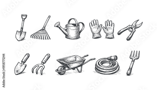 Collection of hand-drawn gardening tools and equipment on a white background